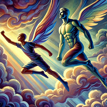ff-000-360-icarus-deux Two athletic versions of Icarus, one young man and one older, in flight together